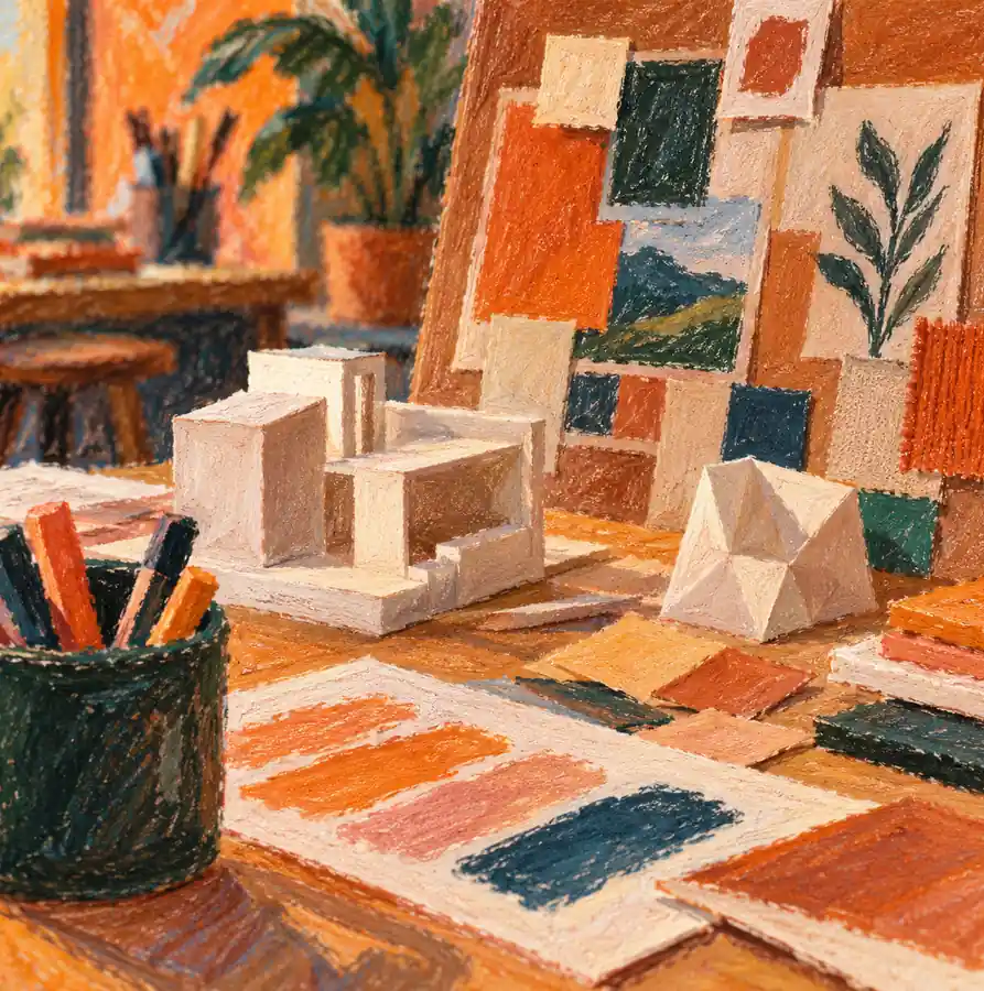 Illustration of marketing and creative businesses equipment and workspace